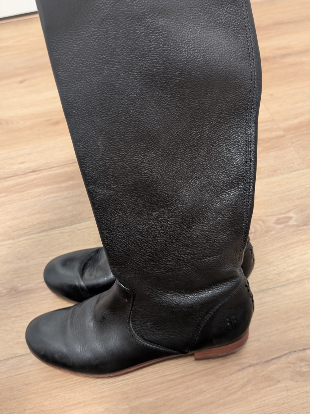 FRYE Cara Tall Black Pebbled Leather Cross Stitch Ankle Zip Riding Boots